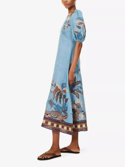 ALM Georgie Puff Sleeve Linen Midi Dress