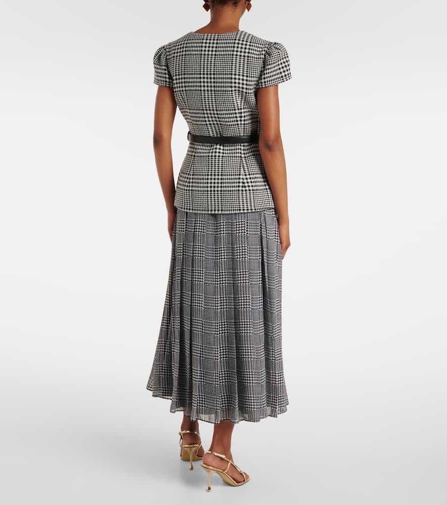 Grey Houndstooth Pleated Short Sleeve Tailored Midi Dress