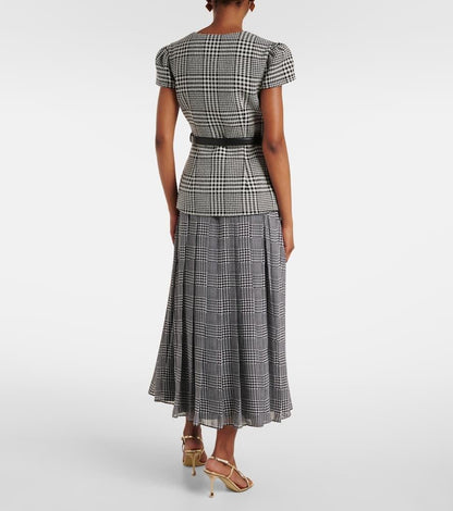Grey Houndstooth Pleated Short Sleeve Tailored Midi Dress