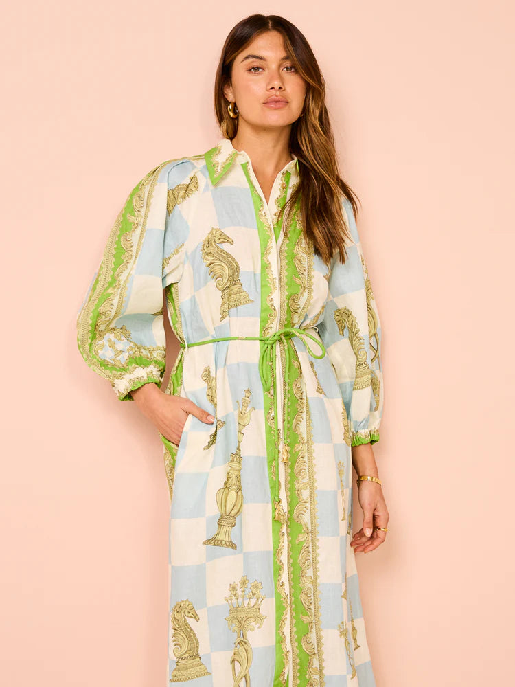 ALM Checkmate Linen Shirtdress Midi Dress