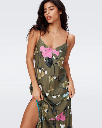 DVF Balbino Reversible Viscose Slip Maxi Dress in Festival Floral Teal and Olive