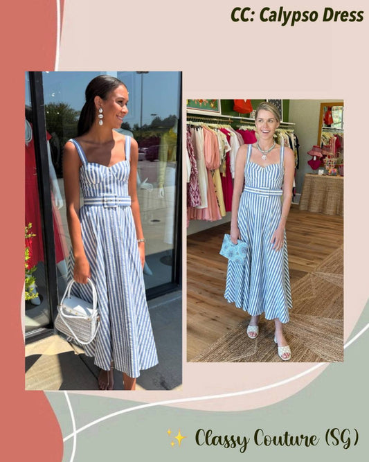 CC Calypso Linen Midi Dress in Ivory Blue Stripe