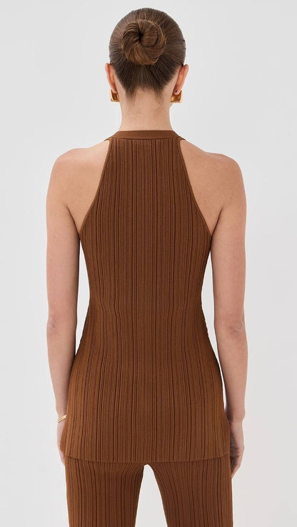 VB Dax Seashell Knit Vest | Massaro Pants | Viscose-blend Dark Whiskey Set
