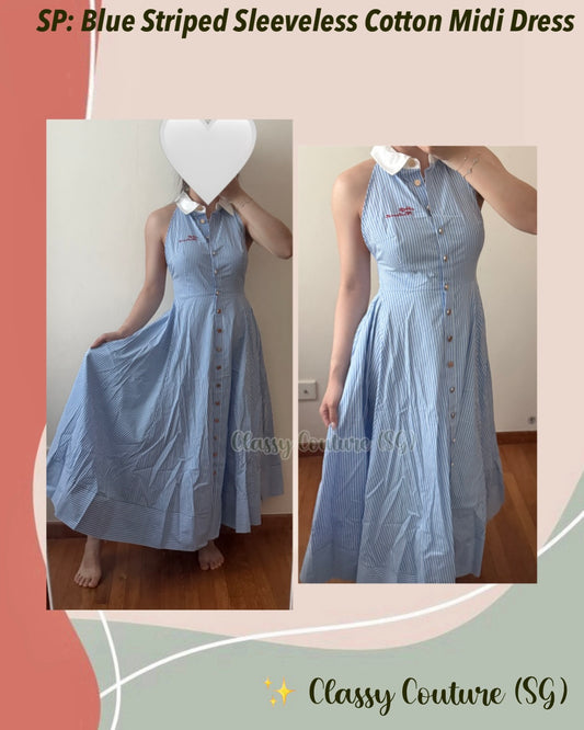 SP Blue Striped Contrast Collar Sleeveless Cotton Midi Dress