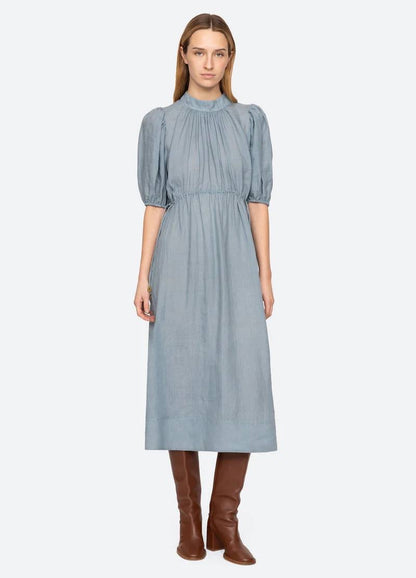 SE Anise S/S Short-Sleeved Ramie Puff Midi Dress (with detachable cotton slip)