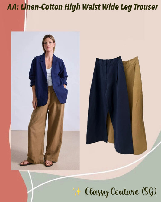 AA Linen-Cotton High Waist Wide Leg Trouser Pants in Oak & Indigo