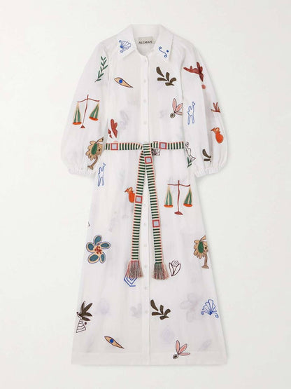 ALM Mina Embroidered Ramie Shirtdress Midi Dress