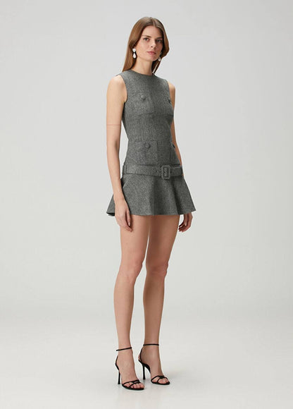 SP Grey Herringbone Belted Drop Waist Flared Mini Dress