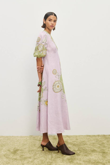 ALM Sora Puff Sleeve Linen Midi Dress