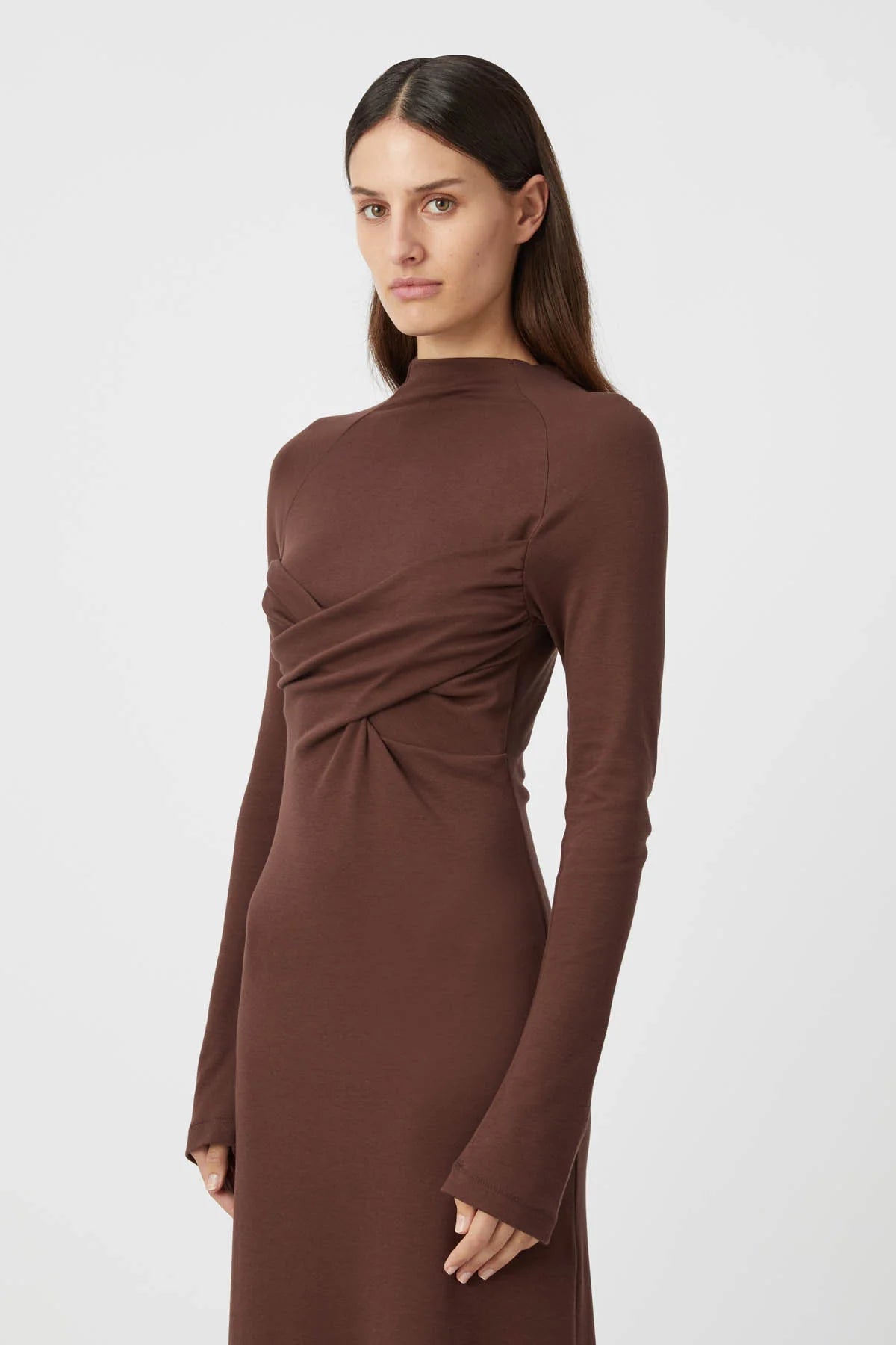 CM Cornell Cotton Long Sleeve Midi Dress in Hickory Brown