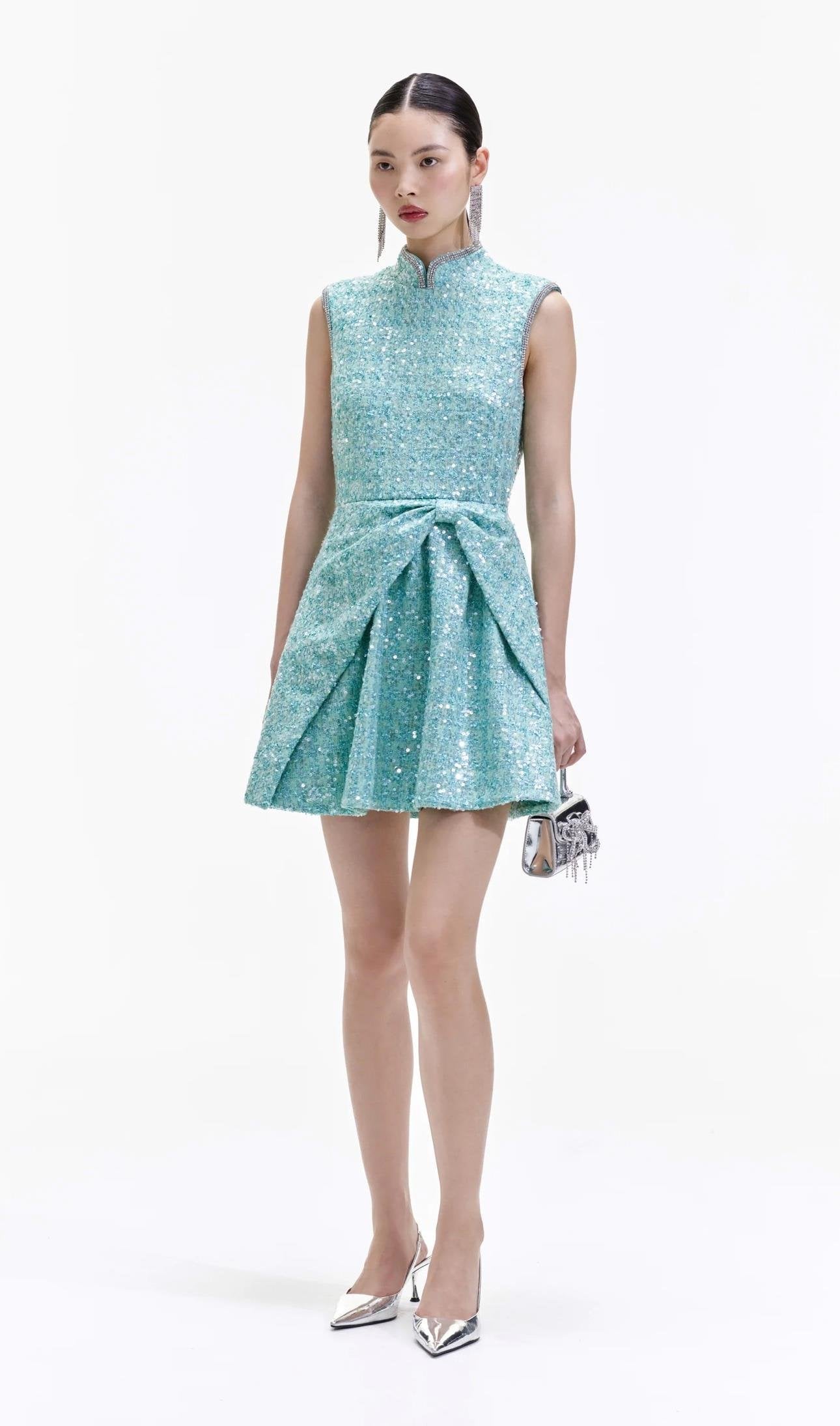 SALE! SP Mint Turquoise Green Boucle Sequin Gathered Mini Dress