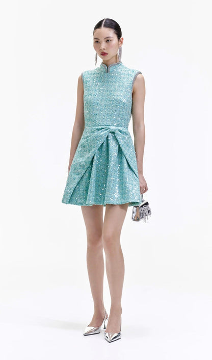 SALE! SP Mint Turquoise Green Boucle Sequin Gathered Mini Dress