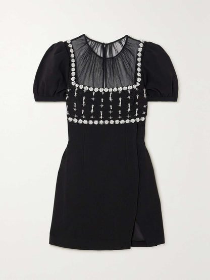 SALE! SP Blacked Tulle-panelled Crystal Embellished Crepe Puff Sleeve Mini Dress