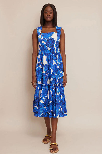 CC Claire Blue Floral Cotton Poplin Midi Dress