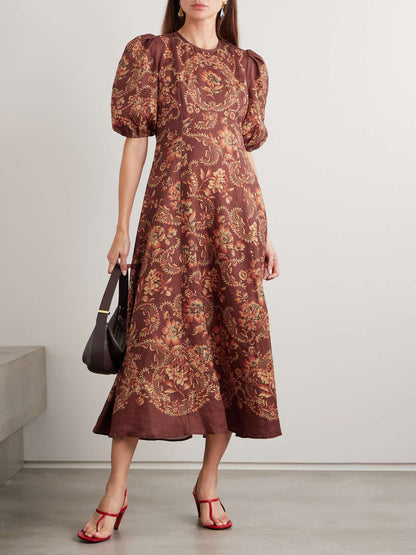 ALM Seraphina Printed Puff Sleeve Linen Midi Dress