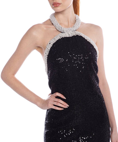 SP Black Metallic Pearl Trim Halter Boucle Mini Dress
