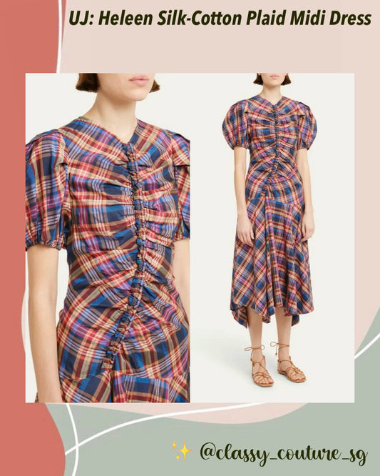 UJ Heleen Puff Sleeve Plaid Midi Dress Silk-Cotton