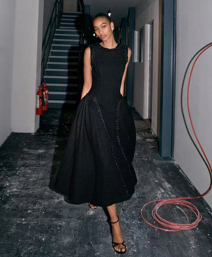 SP Black Boucle Sleeveless Open Back Midi Dress