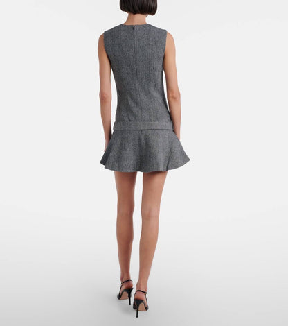 SP Grey Herringbone Belted Drop Waist Flared Mini Dress