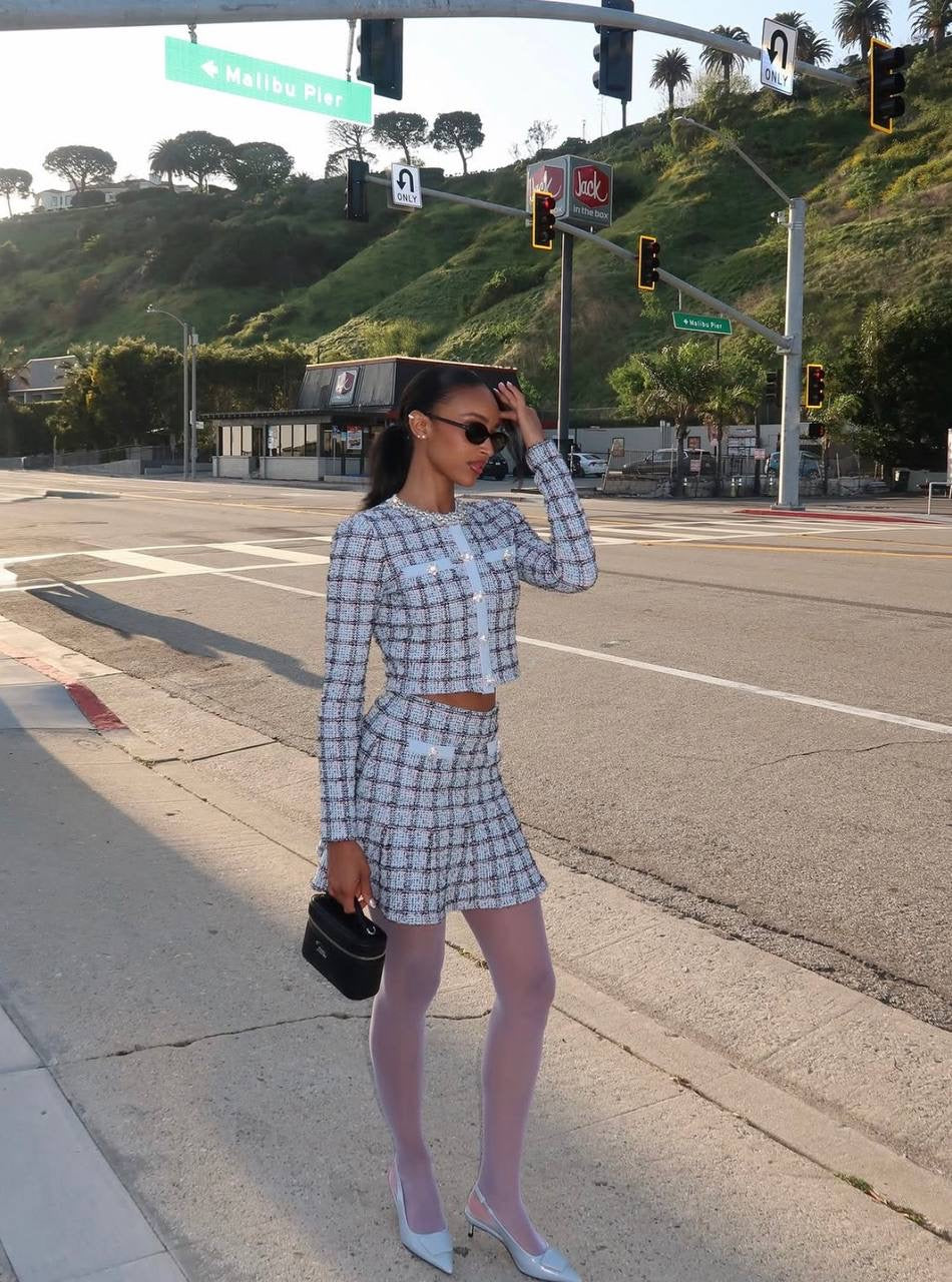 SP Blue Check Knit Cropped Cardigan | Mini Skirt | Set