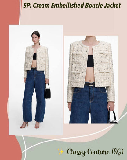 SP Cream Embellished Wool-blend Boucle Jacket