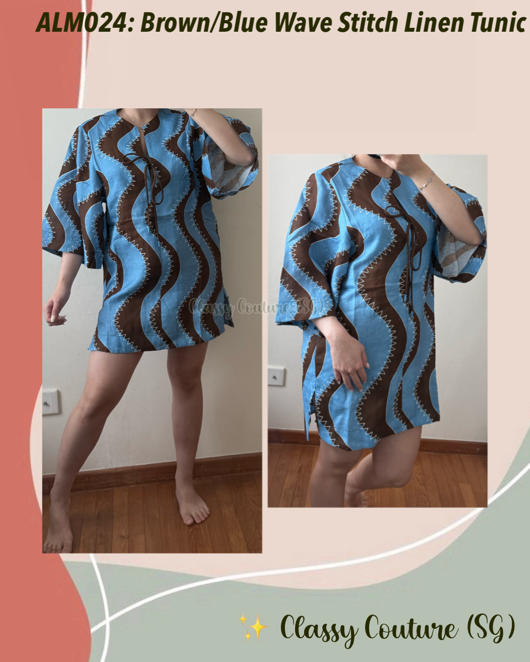 ALM024 Bold Brown/Blue Wave Stitch Tunic Shift Linen Mini Dress