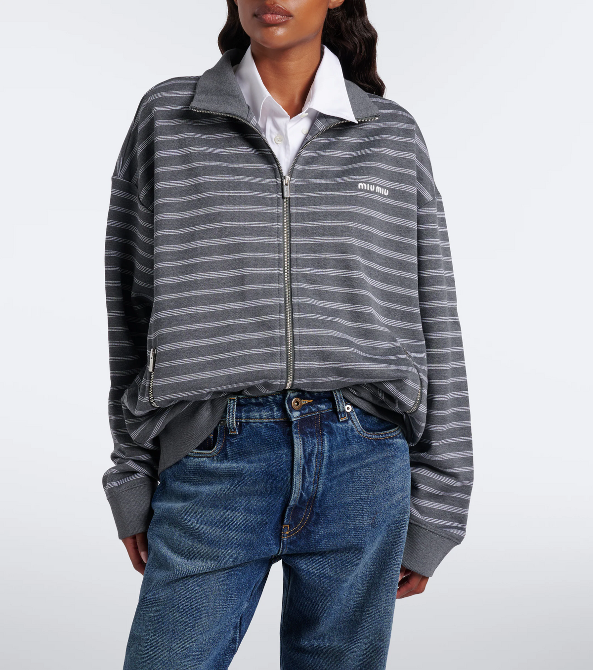 MM Grey White Striped Cotton Fleece Jacket
