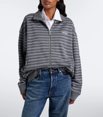 MM Grey White Striped Cotton Fleece Jacket