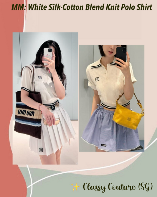 MM White Silk-Cotton Blend Knit Cropped Contrast Polo Shirt