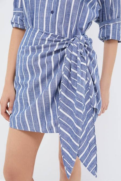 AA Alessandra Striped Chambray Sarong Cotton Mini Dress Shirtdress