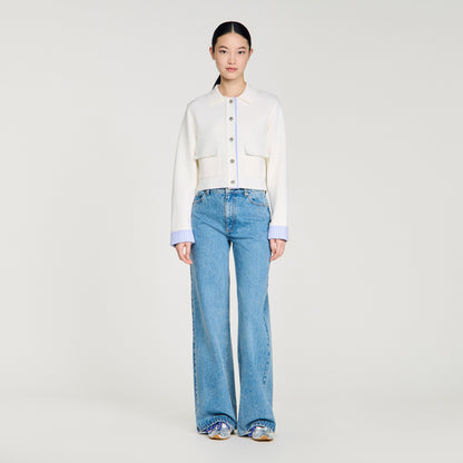 SD Striped Contrast-Trim Wool-Blend Polo Cardigan