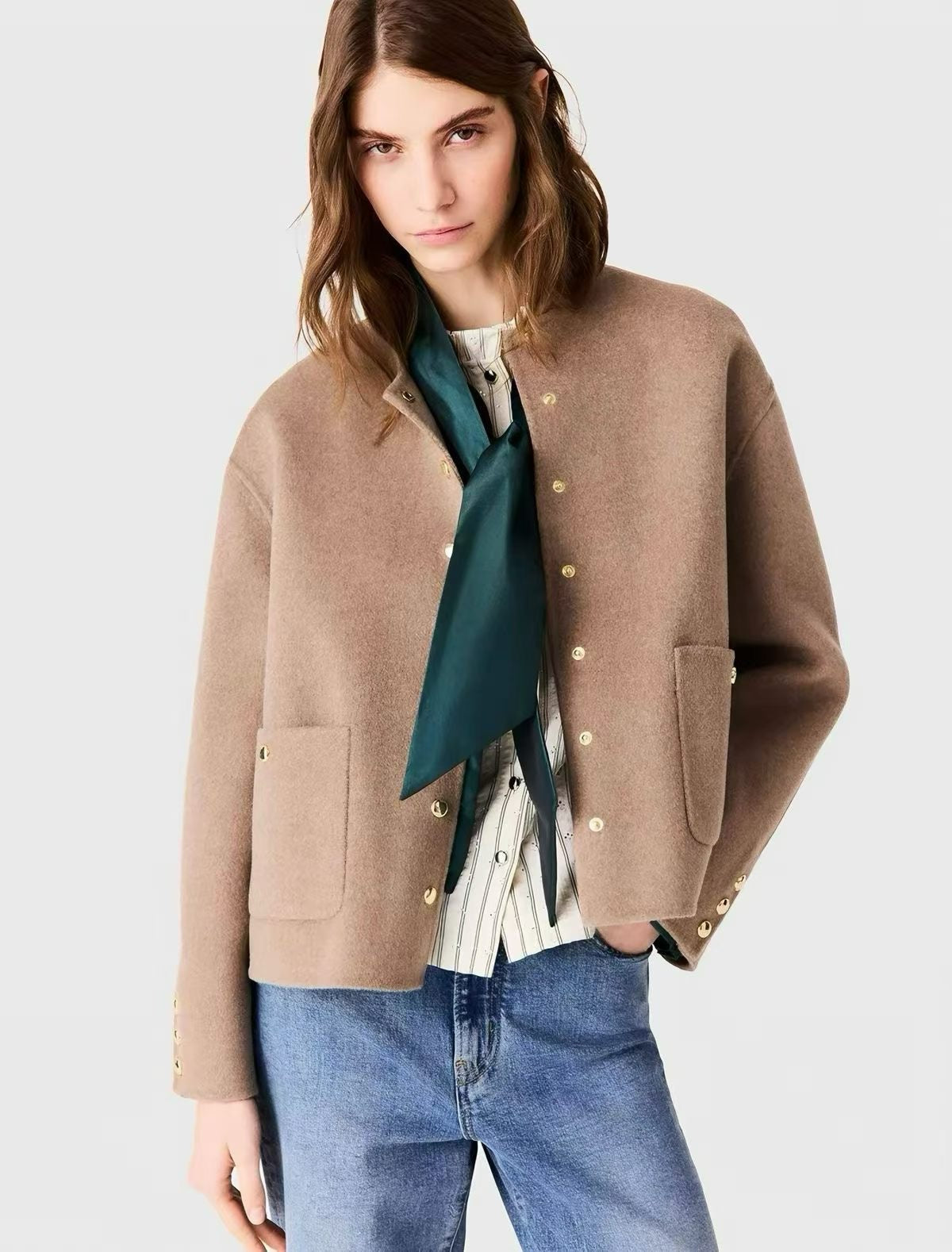 Brown & Camel Short Double-faced Wool-blend Coat Jacket (removable scarf-hood)