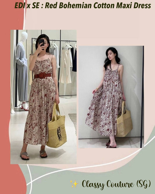 SE x EDI Red Bohemian Floral Tiered Cotton Maxi Dress (with belt)
