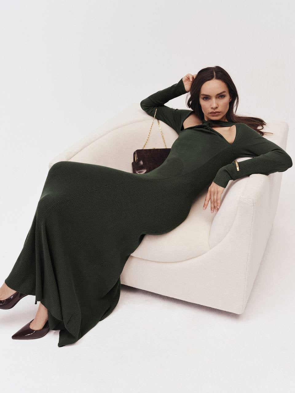 RS Cut-Out Knitted Maxi Dress in Dark Green