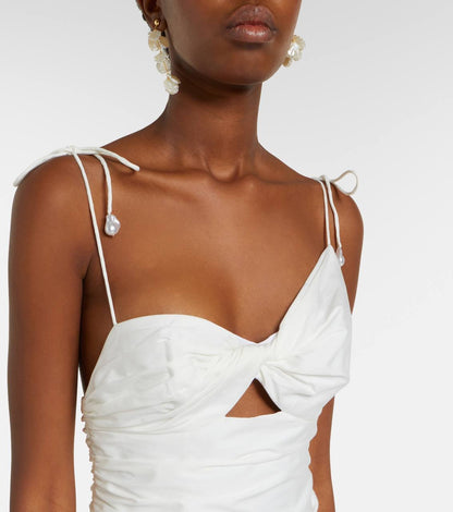 SP White Cotton Gathered Asymmetrical Midi Dress
