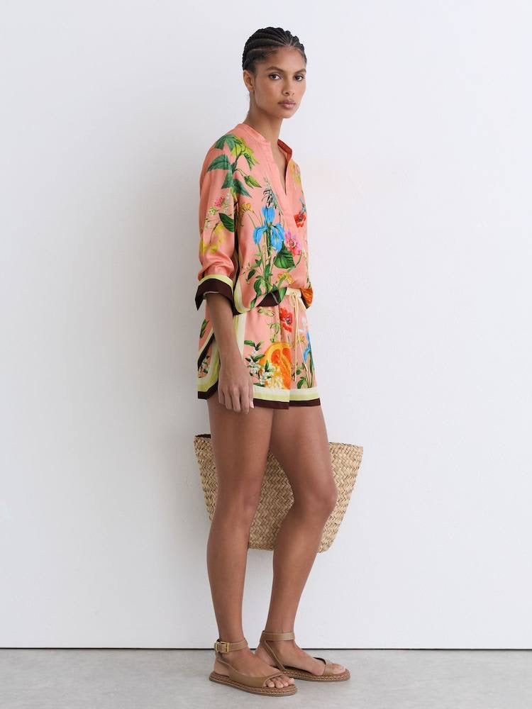 PETITE/REGULAR! RS Pink Milos Tropical Scarf-Print Half-button Shirt | Wide-leg Trousers | Drawstring Shorts | Viscose Set