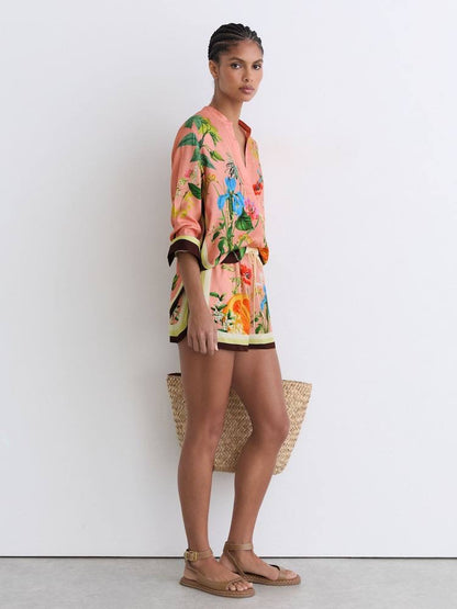 PETITE/REGULAR! RS Pink Milos Tropical Scarf-Print Half-button Shirt | Wide-leg Trousers | Drawstring Shorts | Viscose Set