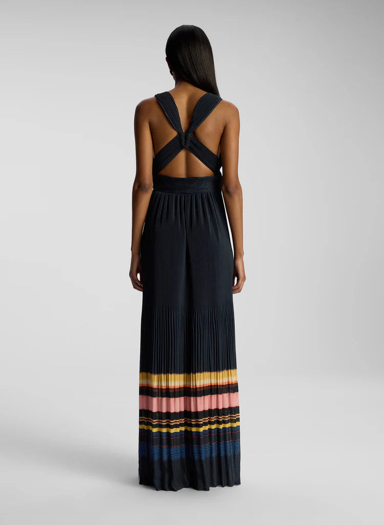 ALC Everly Pleated Maxi Gown Dress in Navy Stripe