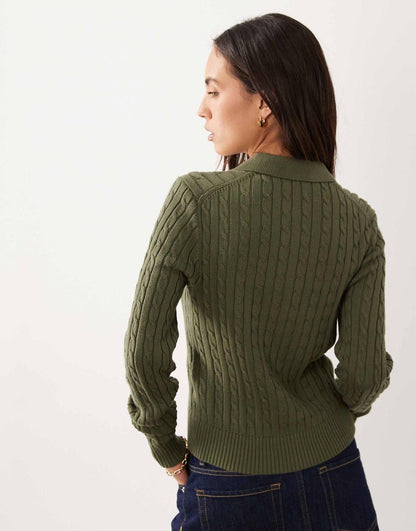 Polo Collar Mini Cable-Knit Cotton Cardigan