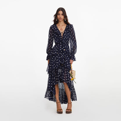 SP Navy Blue Georgette Ruffled Polka-Dot High-low Waterfall Midi Maxi Dress