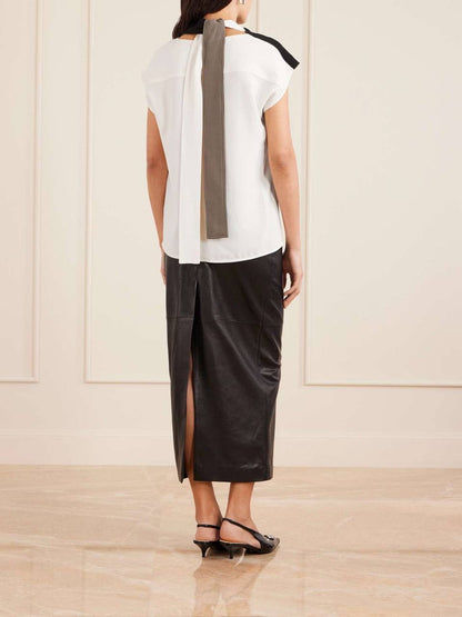 PS Elsa Asymmetric Crepe Cap Sleeve Color Block Top