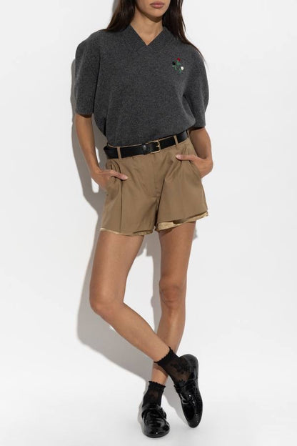 MM Grey Flower-Embroidered Short-Sleeve Wool-cashmere Jumper Top