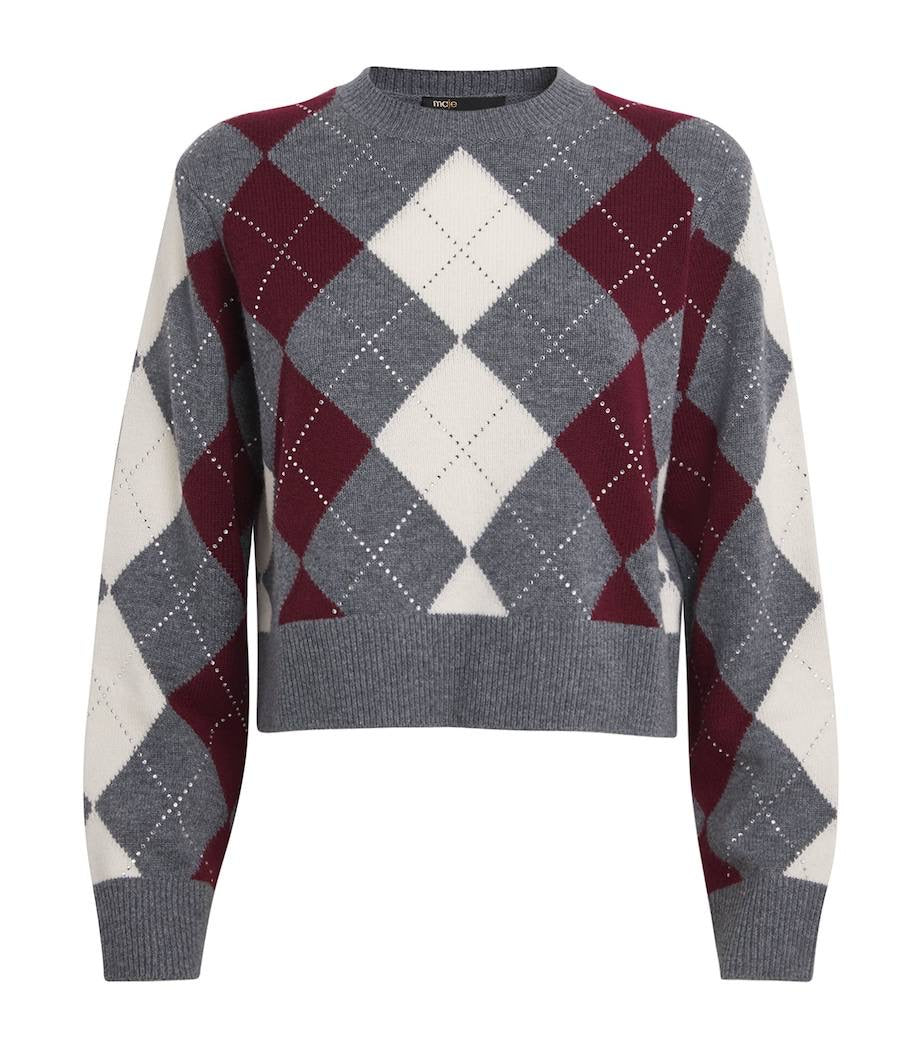 MJ Argyle Cropped Rhinestone Embellished Wool Jumper