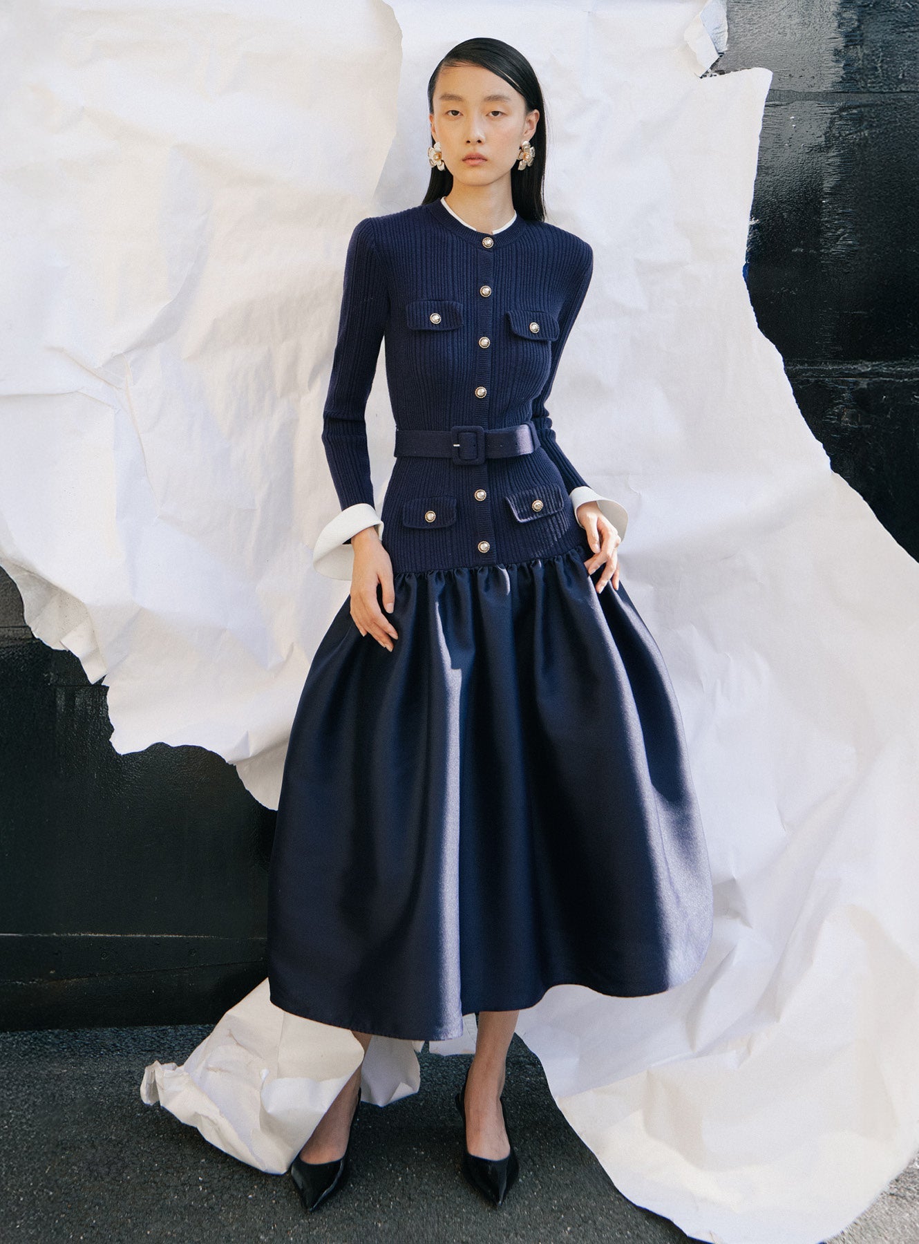 SP Navy Knit Belted Taffeta Midi Dress