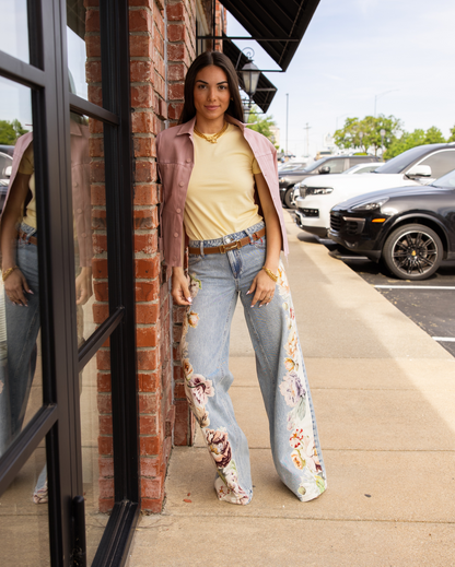 AO Chloe Embroidered Denim Jacket | Amazing Embroidered Jeans | Evan Appliqué Oversized Tee Shirt | Cotton Set