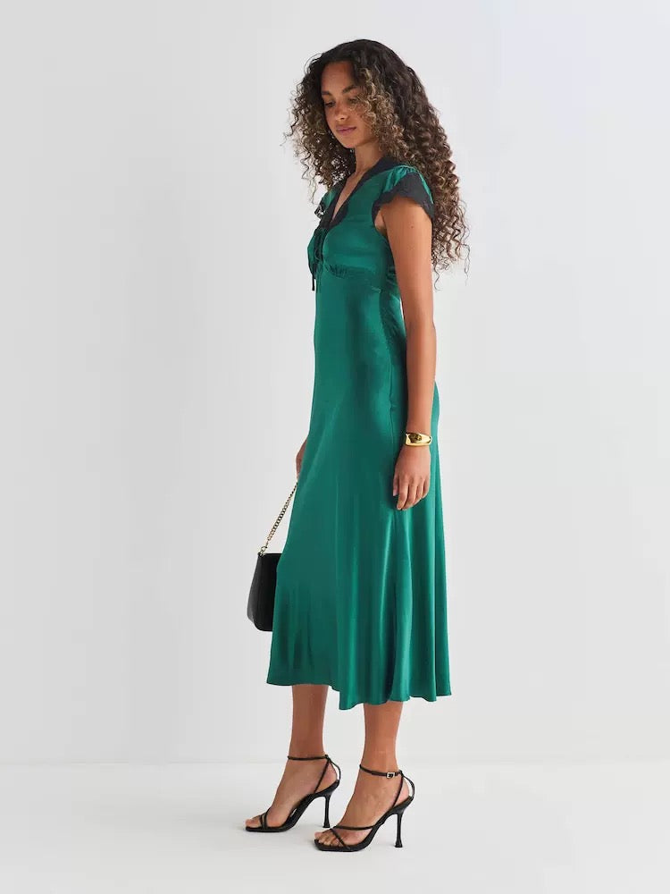 2 Colors! RX Amari Viscose Satin Lace-Trim Midi Dress