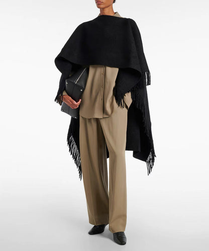 Tot Fringed High-Low Wool-blend Poncho Cape