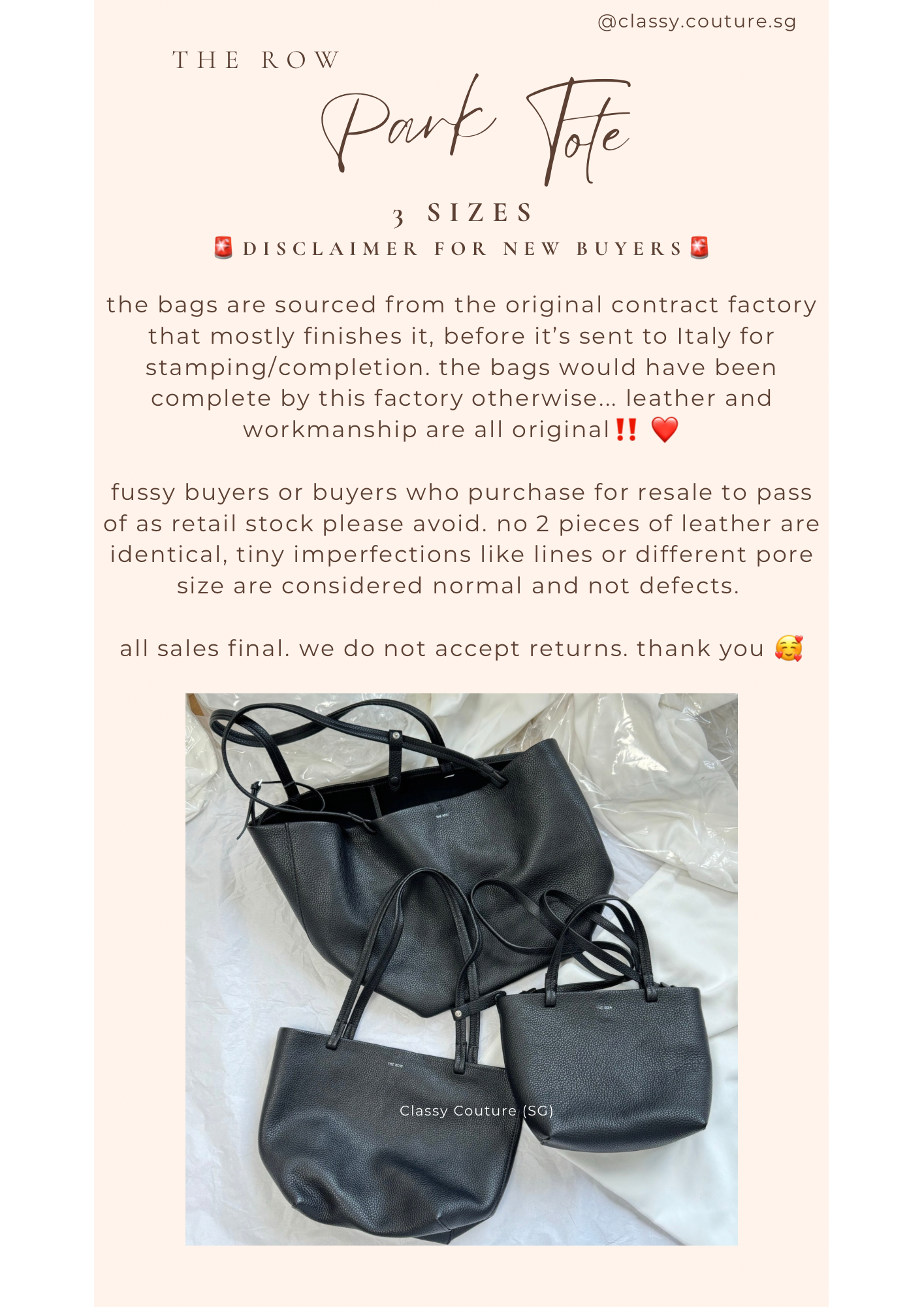 3 Sizes! TR Black Grained Calfskin Park Tote Three Bag in Small | Medium | Large