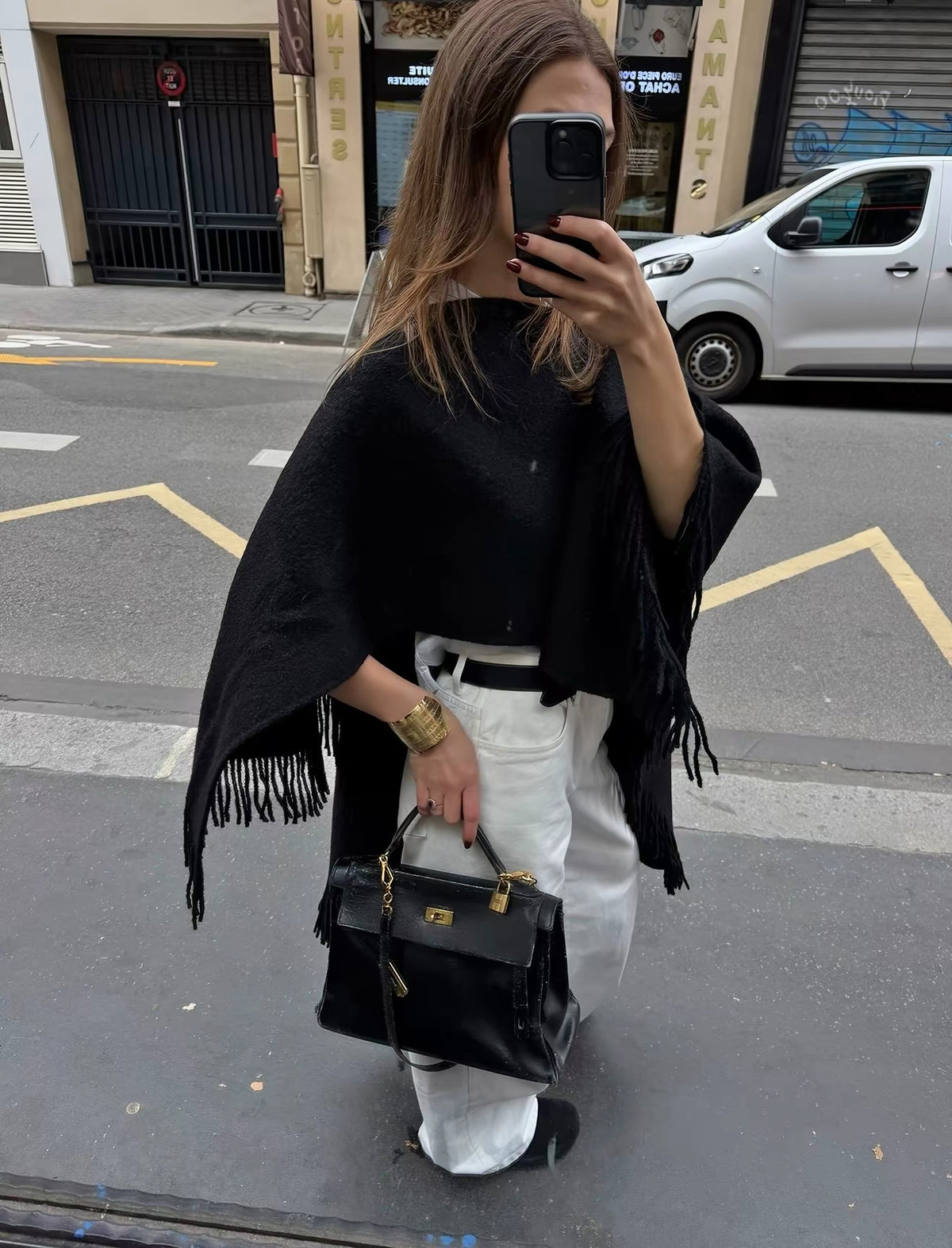 Tot Fringed High-Low Wool-blend Poncho Cape
