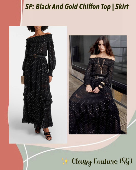 SP Black And Gold Chiffon Off Shoulder Top | Tiered Maxi Skirt | Set